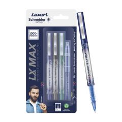 Luxor LX-Max Cone Tip Pens, Pack of 3 - Blue, Black, Green + 1 Refill, Perfect for School, Office & Daily Writing