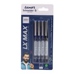 Luxor LX-Max Cone Tip Pens, Pack of 4 - 3 Blue + 1 Black, Great for Varied Writing Requirements