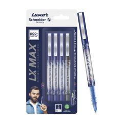 Luxor LX-Max Cone Tip Pens, Pack of 4 - 3 Blue + 1 Black, Great for Varied Writing Requirements