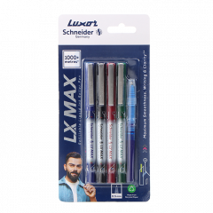 Luxor LX-Max Cone Tip Pens, Assorted Pack of 4 + 1 Refill, Perfect for Extended Writing Sessions and Diverse Tasks