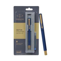 Parker Vector  Standard  Gold Trim Fountain Pen. Metallic Blue Body Colour. Ink Colour – Blue