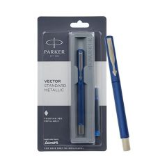 Parker Vector  Standard  chrome Trim Fountain Pen . Metallic Blue Body Colour. Ink Colour – Blue