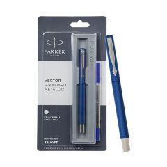 Parker Vector  Standard  chrome Trim Roller Ball Pen. Metallic Blue Body Colour. Ink Colour – Blue