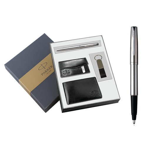 Parker Frontier Stainless Steel CT Roller Ball Pen with Parker Wallet, Parker Credit Card Holder & Key Chain