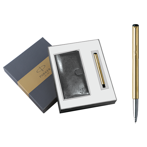 Parker Vector Gold Roller Ball Pen with Long Unisex Wallet