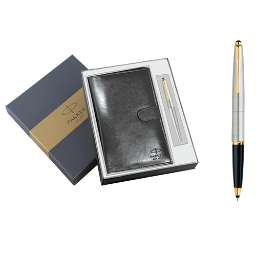 Parker Galaxy Stainless Steel Gold Trim Roller Ball Pen with Parker Passport Holder